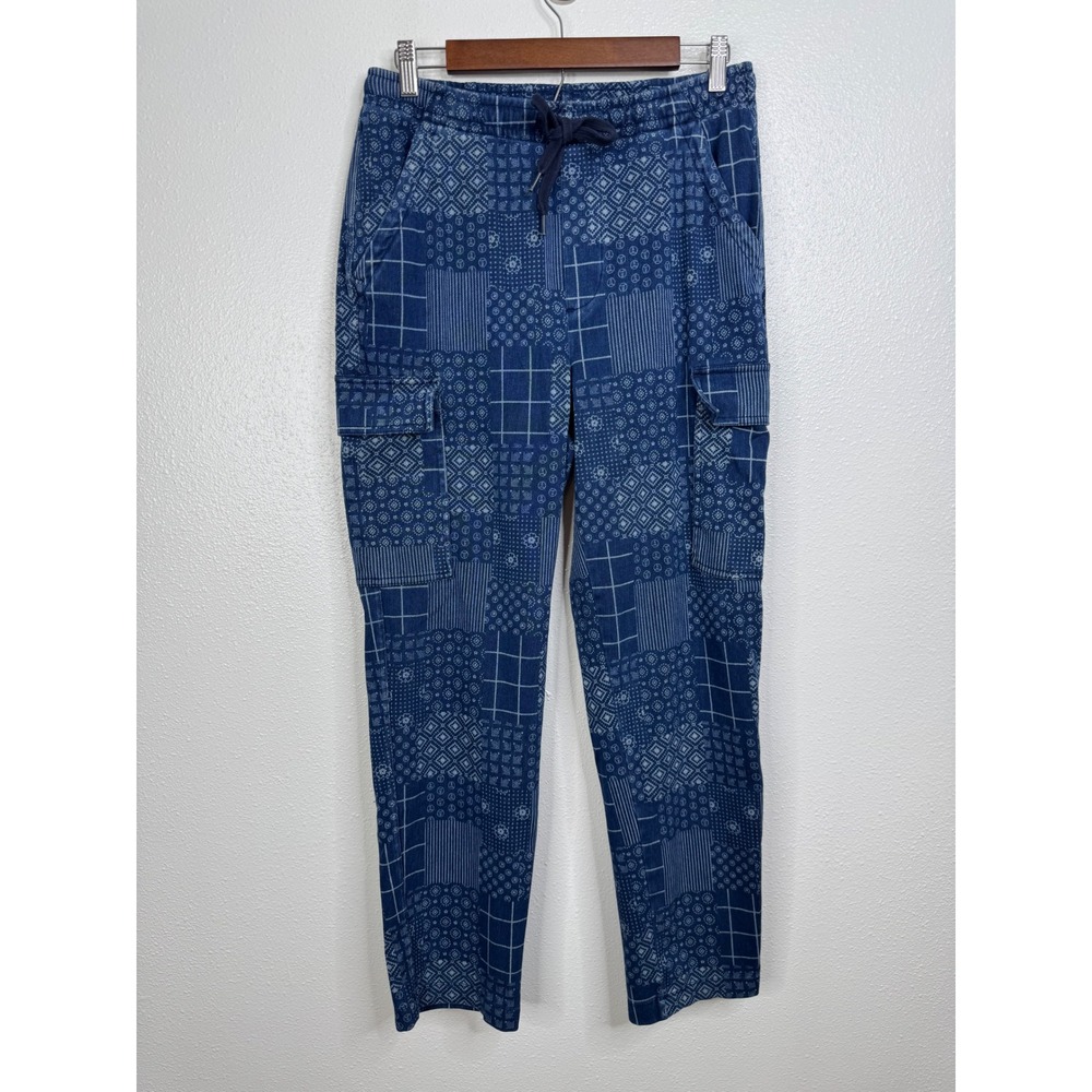 Lands End Sport Knit Straight Leg Pants Blue Patchwork Bandana Cargo Womens M